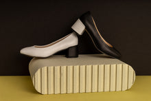 Load image into Gallery viewer, Black and white leather pump with chunky heels.