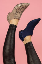 Load image into Gallery viewer, Models wears Tan Snakeskin bootie and Blue suede and leather bootie