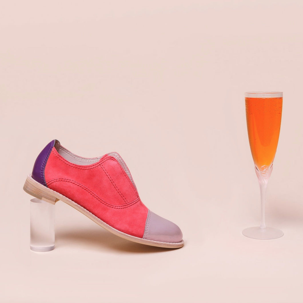 Pink suede slip-on oxfords