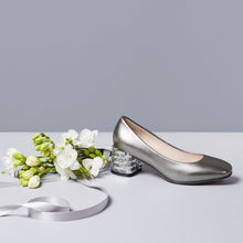 Load image into Gallery viewer, Pewter metallic leather upper pump with 3-inch silver sequin covered chunky heel. 