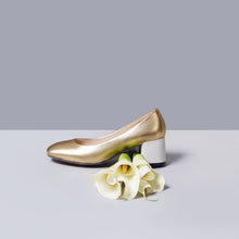 Load image into Gallery viewer, Gold metallic leather upper pump with 3-inch white heel.