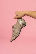 Load image into Gallery viewer, Tan Snakeskin bootie held by model