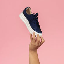 Load image into Gallery viewer, Model holding Navy nubuck and embossed leather chunky sneaker