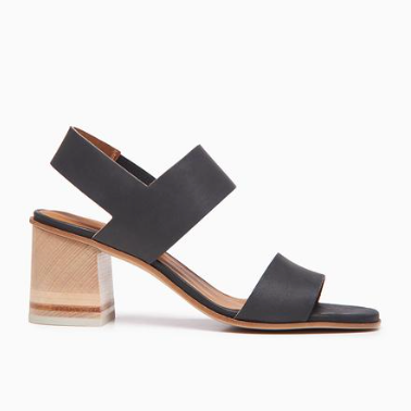 Black leather sandal with tonal wood in lay heel