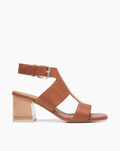 Tan leather sandal with Tonal wood in lay heel
