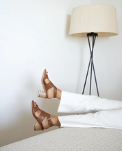 Load image into Gallery viewer, Tan Leather t strap sandals worn with white trousers