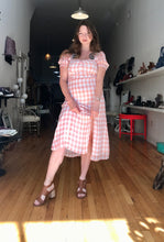 Load image into Gallery viewer, Tan Leather T strap sandals with pink gingham dress