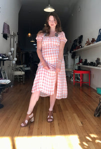 Tan Leather T strap sandals with pink gingham dress