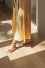 Load image into Gallery viewer, Red ankle strap sandal with yellow dress