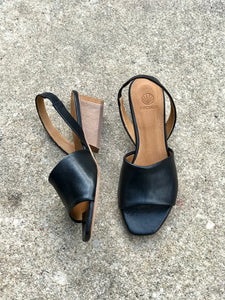 OKLY Black Leather Mid-Heel Sandal