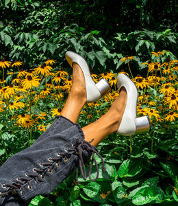 Cream Pumps with Bronze Heels