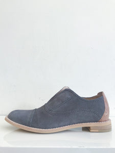 Grey suede and tan patent leather oxford