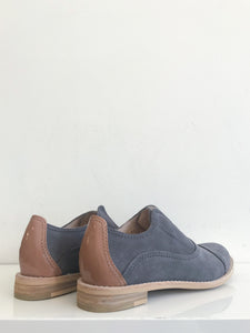 Grey suede and tan patent leather oxford