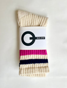 White crew sock with pink and navy stripes