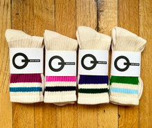 Load image into Gallery viewer, 4 White crew socks with multicolored stripes