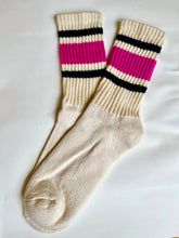 Load image into Gallery viewer, White crew sock with pink and navy stripes