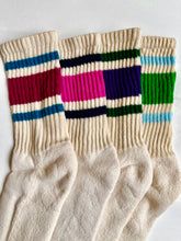 Load image into Gallery viewer, 4 White crew socks with multicolored stripes