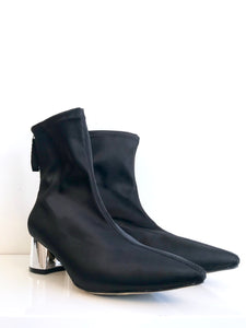 URBAN SATIN Black Ankle Boot with Silver Heel