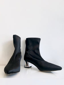 URBAN SATIN Black Ankle Boot with Silver Heel