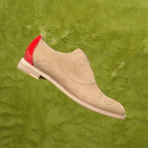 Tan suede with red patent heel oxfords
