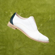 Load image into Gallery viewer, White leather slip-on flat with a dark blue metallic heel oxford.