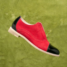 Load image into Gallery viewer, Red suede and patent leather oxford flats.