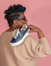 Load image into Gallery viewer, Model holding Navy leather chunky sneaker