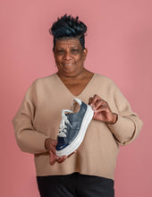 Load image into Gallery viewer, Model holding Navy leather chunky sneaker