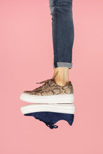 Load image into Gallery viewer, Blue suede chunky sneaker and Tan snakeskin chunky sneaker worn by model