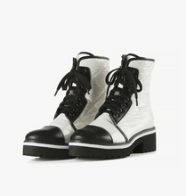 Load image into Gallery viewer, White puffy lace up boots with black leather trim