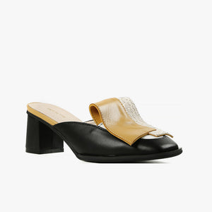 NU BOW MULE Black Leather Slide Sandal