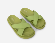 Load image into Gallery viewer, Lime green vegan slide with cross straps