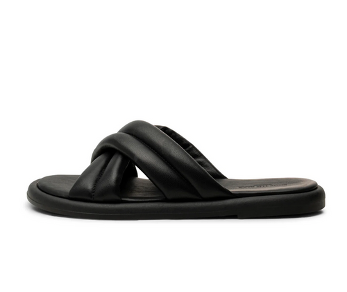 Black Leather Flat Mule Sandals