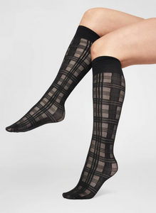 Tartan Knee High Black socks on woman's legs