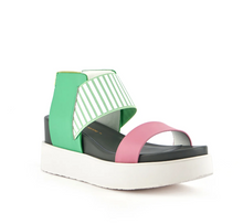 Load image into Gallery viewer, Pink leather front strap and striped green elastic strap sandal