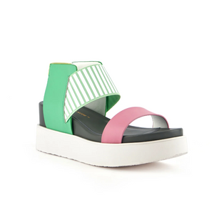 Pink leather front strap and striped green elastic strap sandal