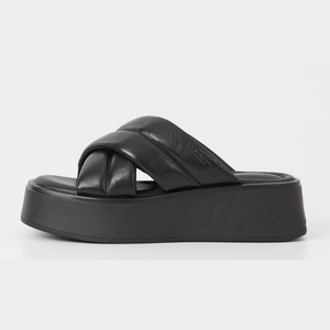 Chunky black criss cross band mule sandal